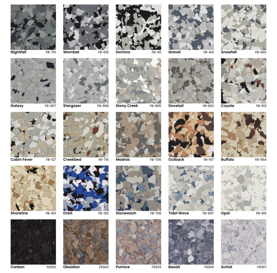 Decorative flake color chart showing named flake blend swatches for floor coatings