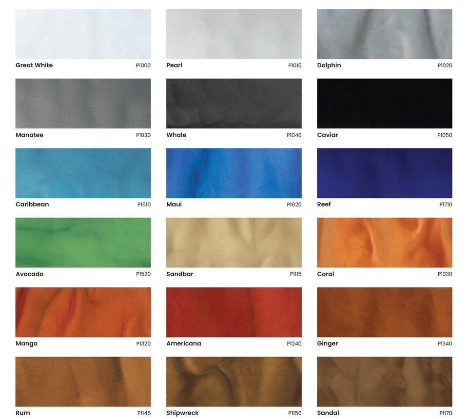 Metallic pigment color chart showing named metallic color swatches for epoxy floors