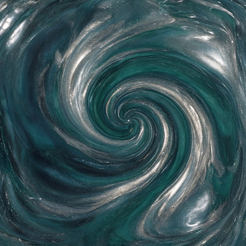 Sample of swirling metallic epoxy with teal and silver spiral movement
